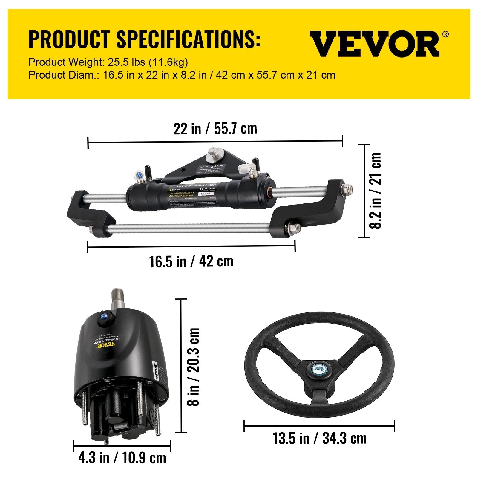 VEVOR Hydraulic Boat Steering Kit, 300HP Hydraulic Steering Kit Helm Pump, Cylinder, Wheel, 24 Inches Hose Hydraulic Steering Seal Kit, Corrosion-Resistant Boat Steering System Marine Steering Kit