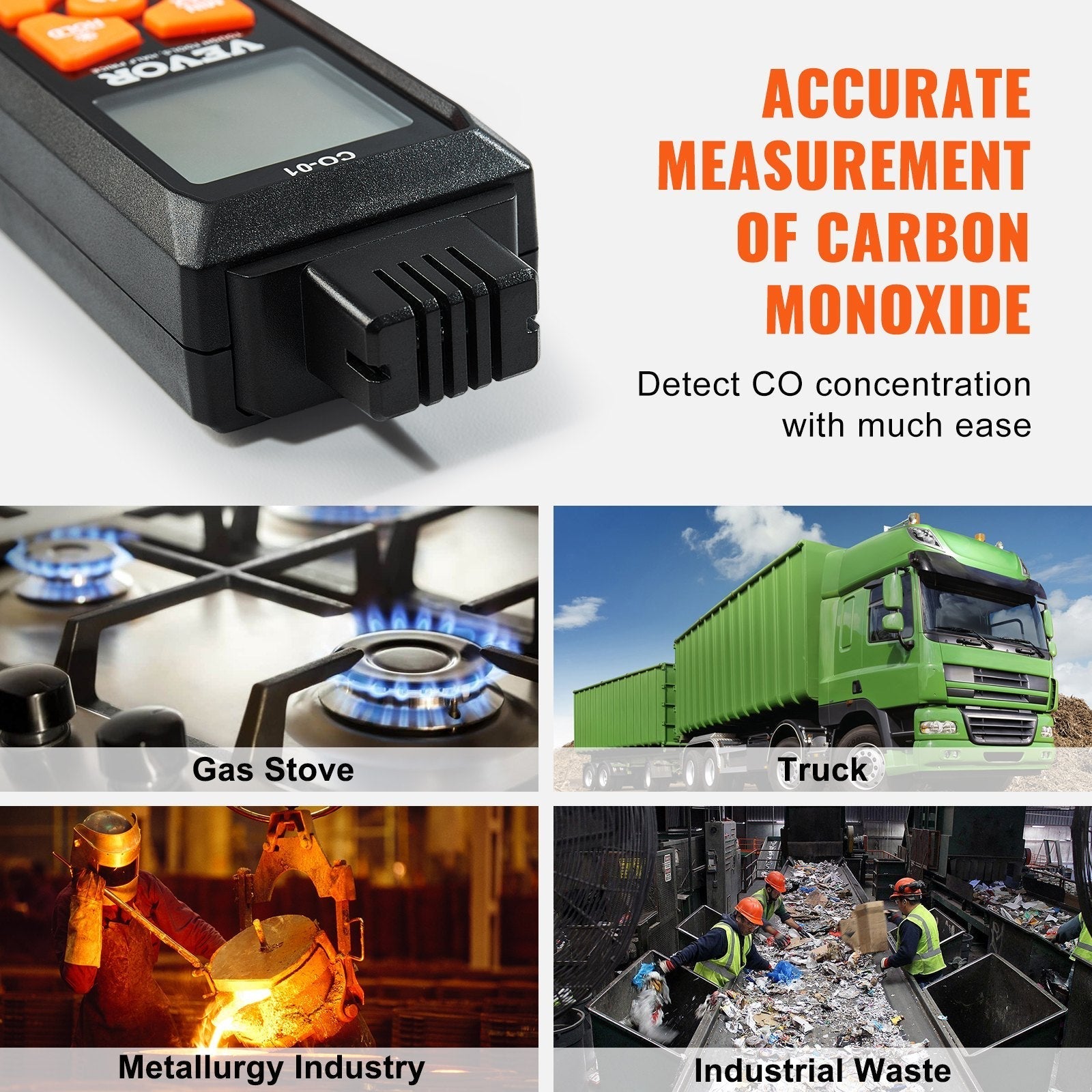 VEVOR Carbon Monoxide Detectors, 0-1000PPM Portable CO Detector with Audible & Visual Alarm, Handheld CO Gas Meter Tester with Temp Sensor, LCD Backlit Screen for Industrial/Home (Include 3 x Battery)