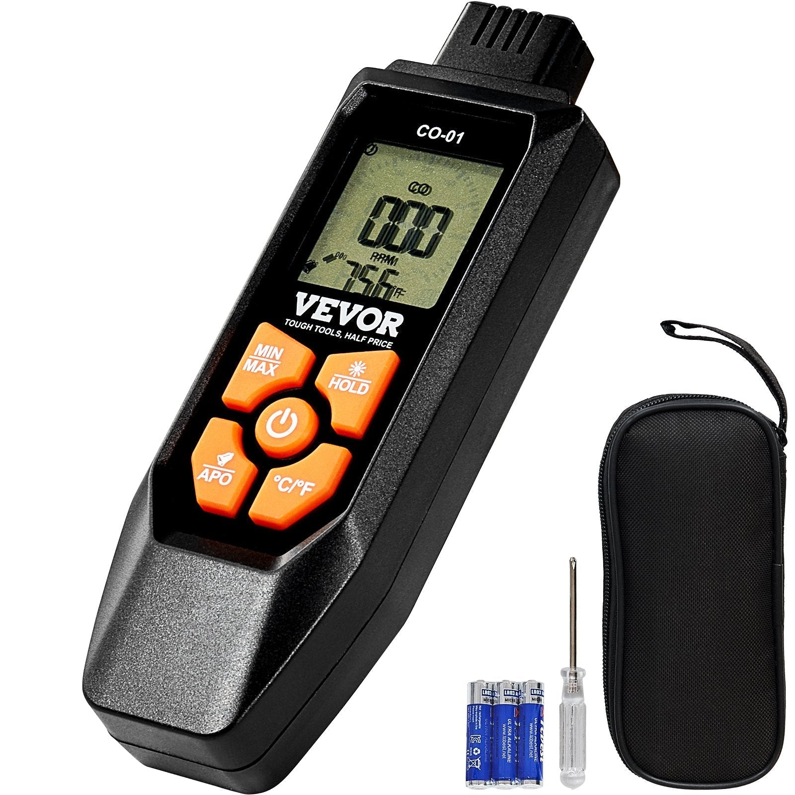 VEVOR Carbon Monoxide Detectors, 0-1000PPM Portable CO Detector with Audible & Visual Alarm, Handheld CO Gas Meter Tester with Temp Sensor, LCD Backlit Screen for Industrial/Home (Include 3 x Battery)