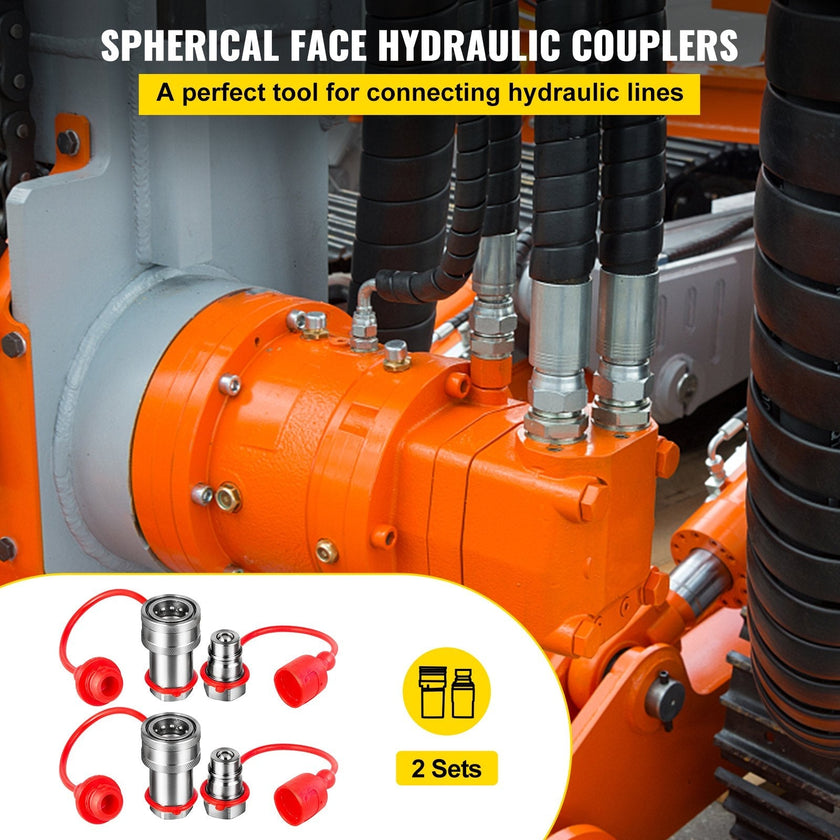 VEVOR Flat Face Hydraulic Couplers 1/2” Body 1/2” NPT Thread, Skid Steer Quick Connect Couplings, 4061 PSI Hydraulic Fittings, 2 Sets Hydraulic Couplers w/ Dust Caps for Bobcat Case, Kubota
