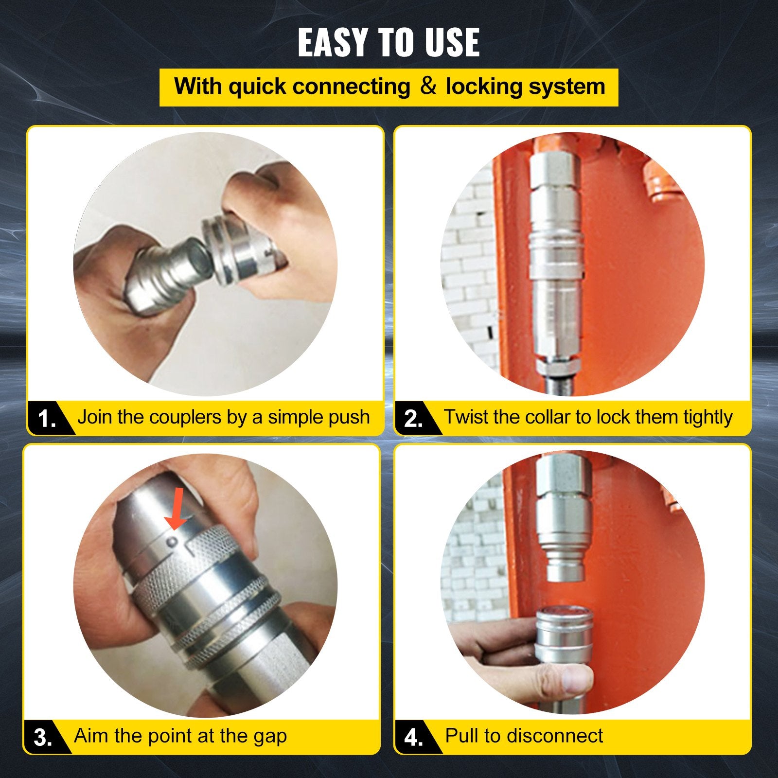 VEVOR Flat Face Hydraulic Couplers 1/2” Body 1/2” NPT Thread, Skid Steer Quick Connect Couplings, 4061 PSI Hydraulic Fittings, 2 Sets Hydraulic Couplers w/ Dust Caps for Bobcat Case, Kubota