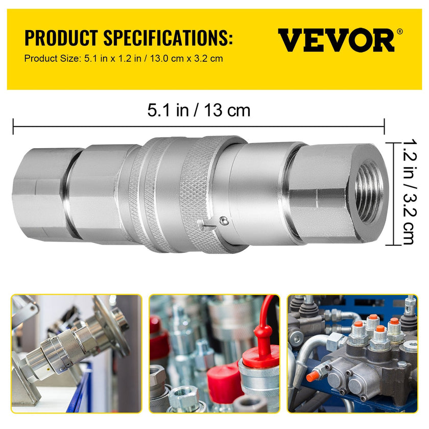 VEVOR Flat Face Hydraulic Couplers 1/2” Body 1/2” NPT Thread, Skid Steer Quick Connect Couplings, 4061 PSI Hydraulic Fittings, 2 Sets Hydraulic Couplers w/ Dust Caps for Bobcat Case, Kubota