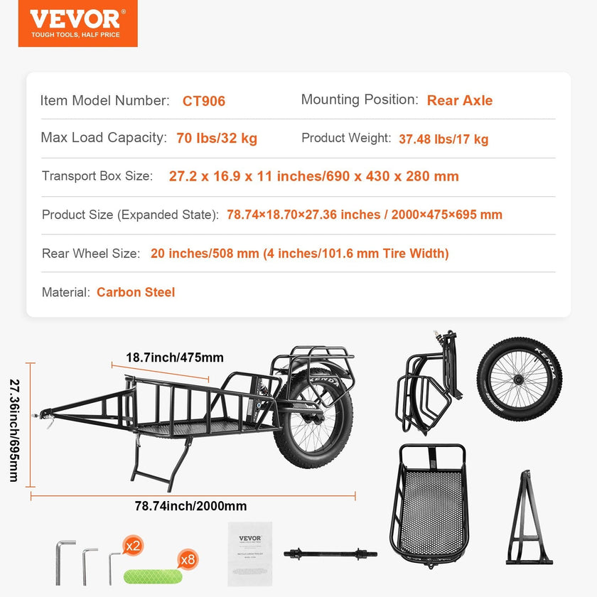 VEVOR Bike Cargo Trailer, 70 lbs Load Capacity, Heavy-Duty Bicycle Wagon Cart, Compact Storage & Quick Release Structure with Universal Hitch, 20