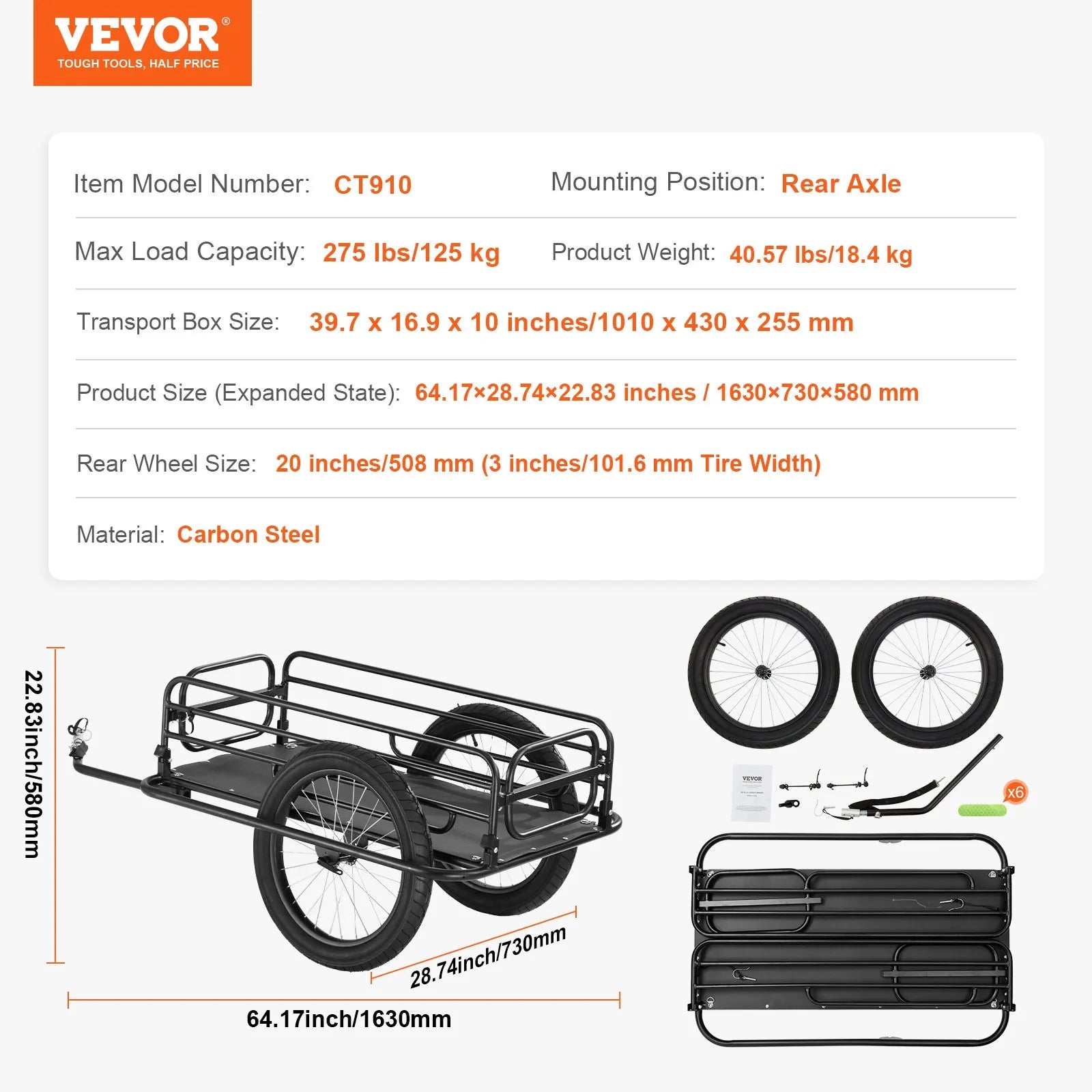 VEVOR Bike Cargo Trailer, 275 lbs Load Capacity, Heavy-Duty Bicycle Wagon Cart, Foldable Compact Storage & Quick Release with Universal Hitch, 20