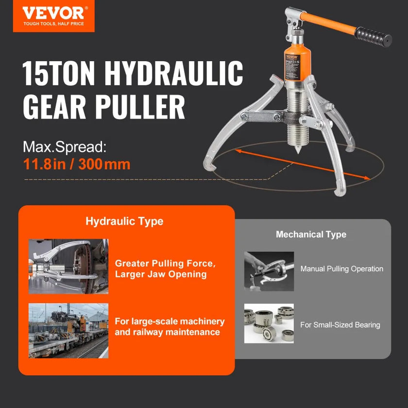 VEVOR Hydraulic Gear Puller, 15 Ton Max Capacity Wheel Bearing Pulling Separator, 2 or 3 Jaws Puller, Vertically and Horizontally, 12