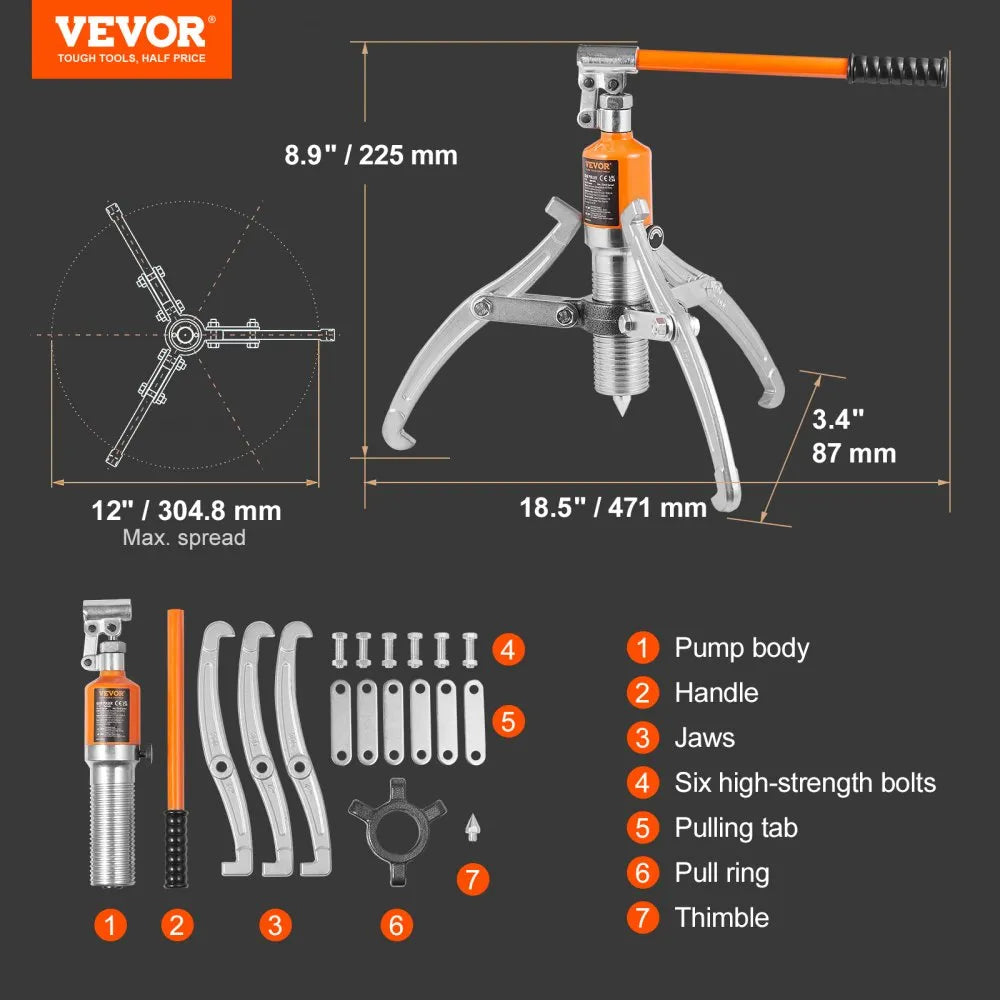 VEVOR Hydraulic Gear Puller, 15 Ton Max Capacity Wheel Bearing Pulling Separator, 2 or 3 Jaws Puller, Vertically and Horizontally, 12