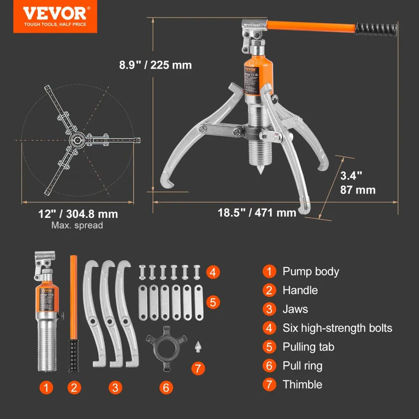 VEVOR Hydraulic Gear Puller, 15 Ton Max Capacity Wheel Bearing Pulling Separator, 2 or 3 Jaws Puller, Vertically and Horizontally, 12
