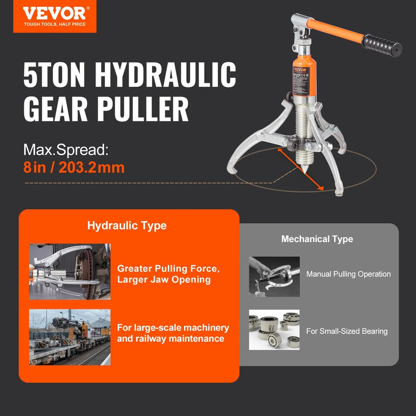 VEVOR Hydraulic Gear Puller, 5 Ton Max Capacity Wheel Bearing Pulling Separator, 2 or 3 Jaws Puller, Vertically and Horizontally, 8