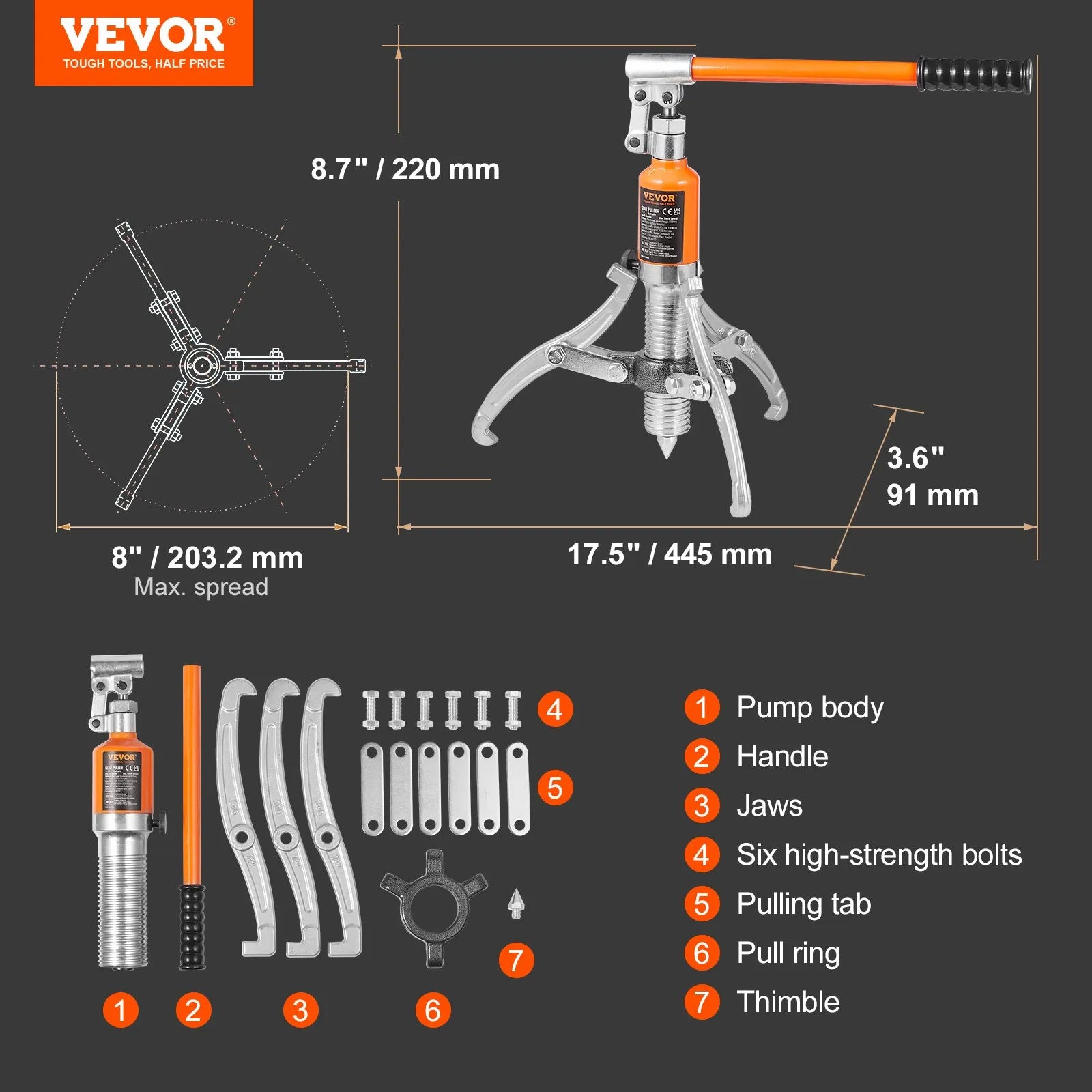 VEVOR Hydraulic Gear Puller, 5 Ton Max Capacity Wheel Bearing Pulling Separator, 2 or 3 Jaws Puller, Vertically and Horizontally, 8