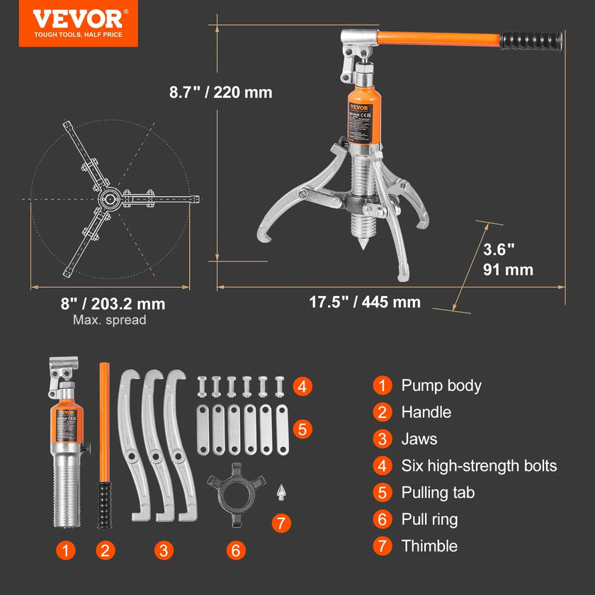 VEVOR Hydraulic Gear Puller, 5 Ton Max Capacity Wheel Bearing Pulling Separator, 2 or 3 Jaws Puller, Vertically and Horizontally, 8