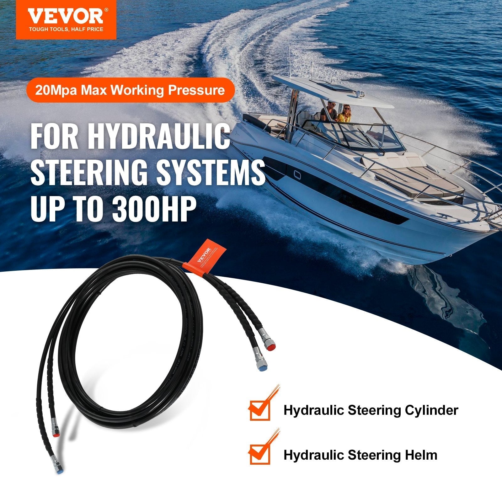 VEVOR Outboard Hose Kit, 20 ft Hydraulic Steering Hose, 2-Piece Leak-Proof TPEE Hydraulic Boat Hoses, Compatible with Marine Hydraulic Outboard Steering Boat System up to 300 HP