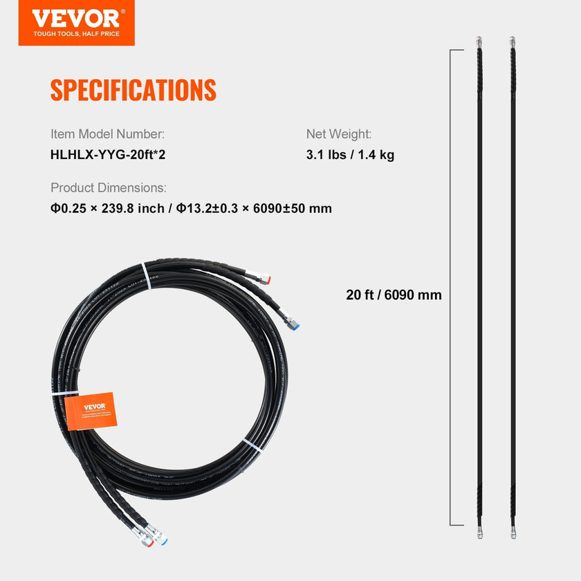 VEVOR Outboard Hose Kit, 20 ft Hydraulic Steering Hose, 2-Piece Leak-Proof TPEE Hydraulic Boat Hoses, Compatible with Marine Hydraulic Outboard Steering Boat System up to 300 HP