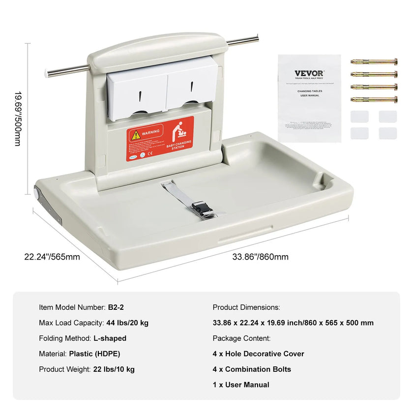 VEVOR Wall-Mounted Baby Changing Station, Horizontal Foldable Diaper Change Table with Safety Straps and Hanging Rods, Use in Commercial Bathrooms,  Daycare Centers for Newborns & Infant