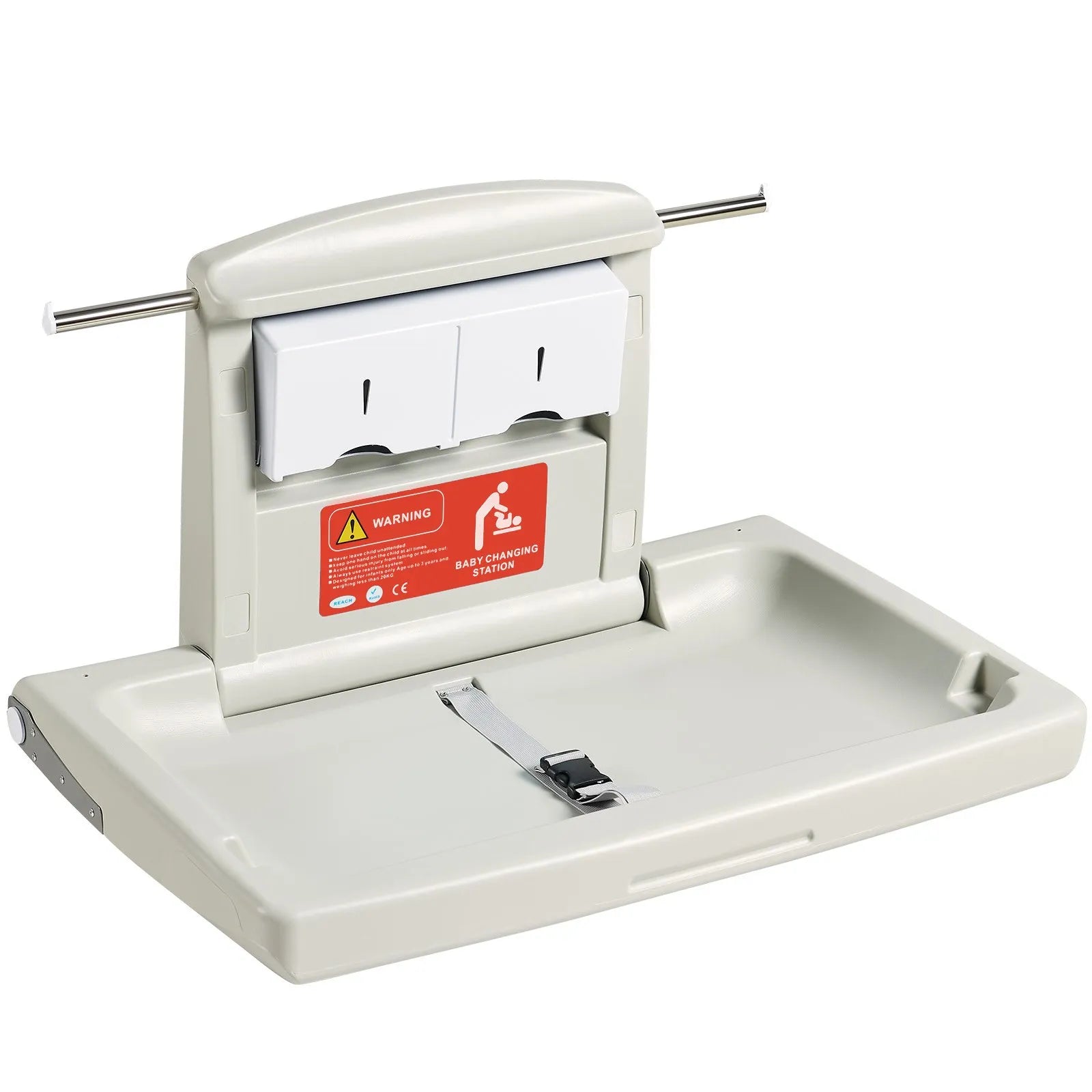 VEVOR Wall-Mounted Baby Changing Station, Horizontal Foldable Diaper Change Table with Safety Straps and Hanging Rods, Use in Commercial Bathrooms,  Daycare Centers for Newborns & Infant