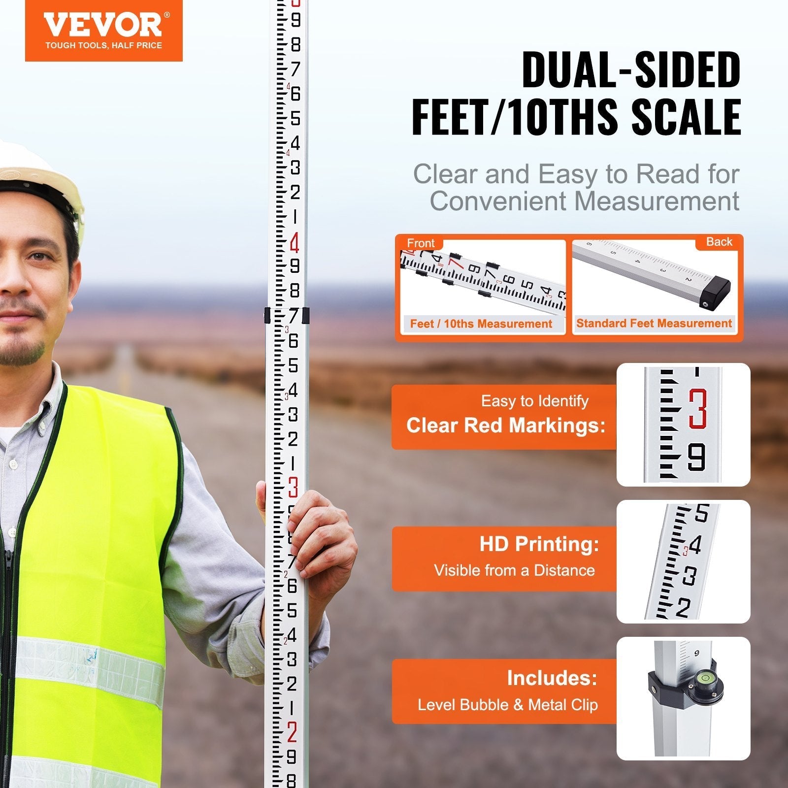 VEVOR Measuring Rod 14-Feet/10ths 6 Sections Telescopic Grade Rod 1/10 ft w/ Bag