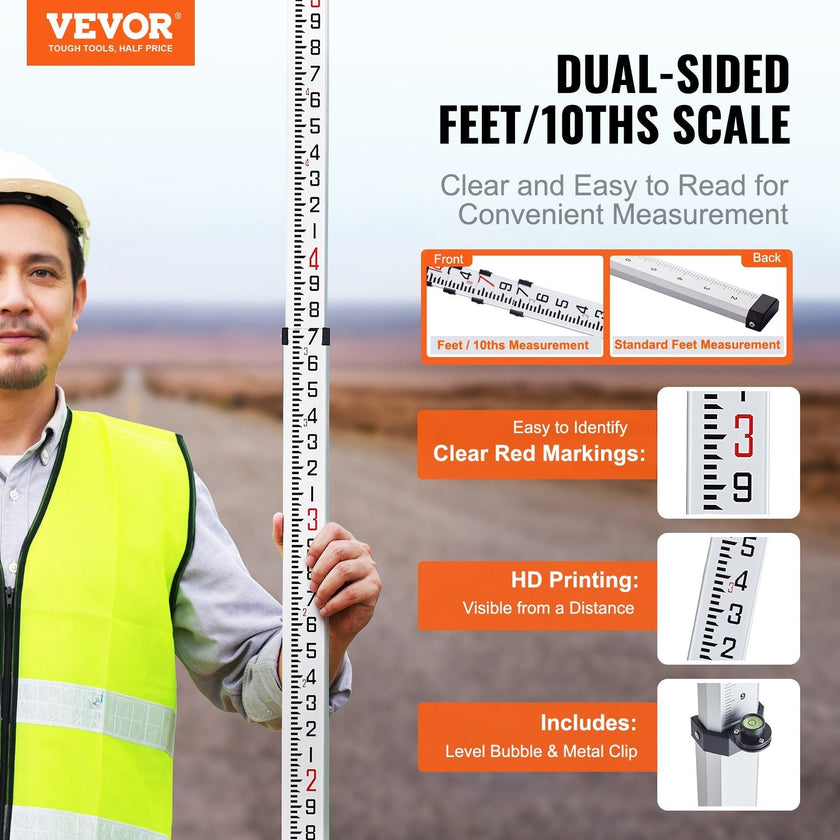 VEVOR Measuring Rod 14-Feet/10ths 6 Sections Telescopic Grade Rod 1/10 ft w/ Bag