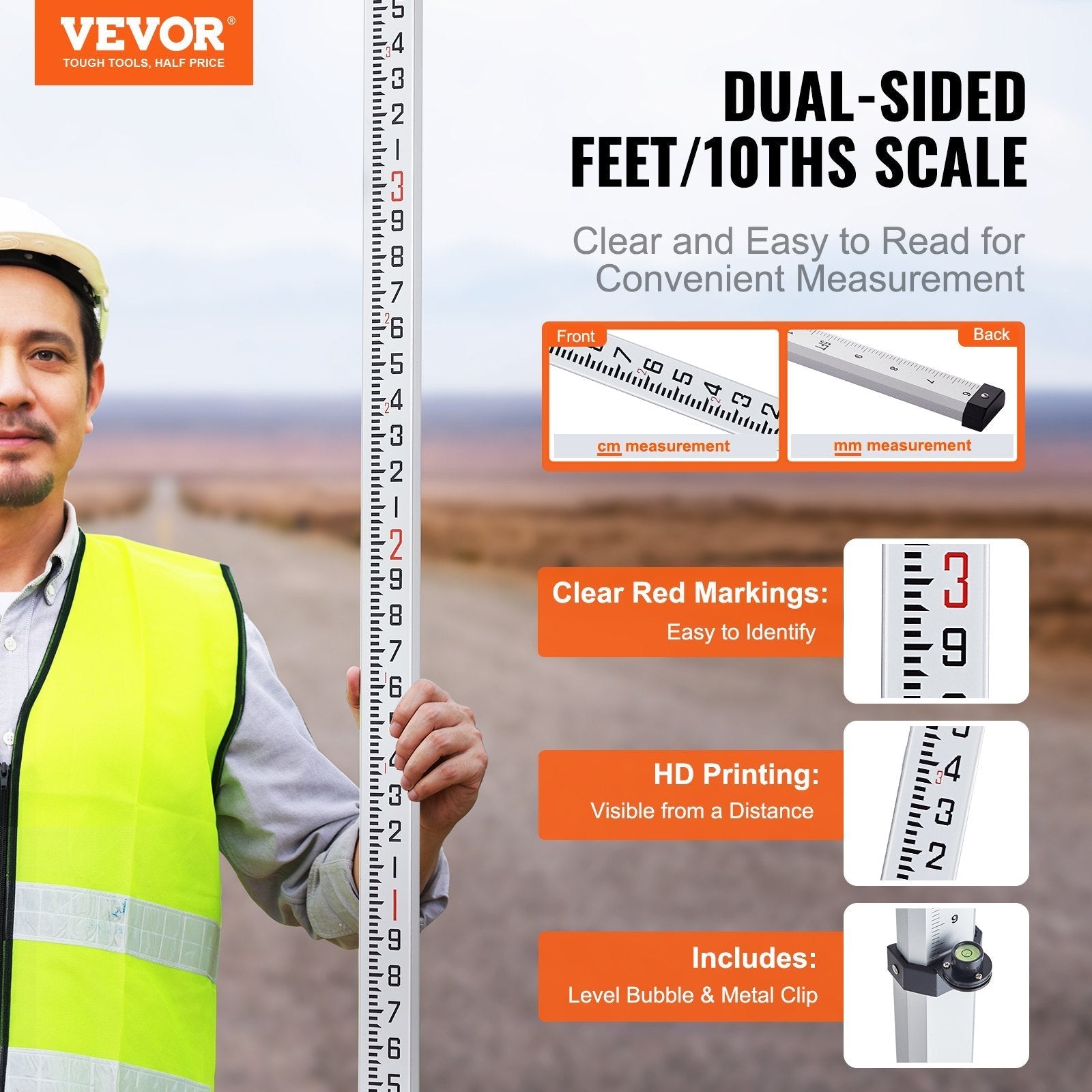 VEVOR Measuring Rod 16-Feet/10ths 4 Sections Telescopic Grade Rod 1/10ft w/ Bag