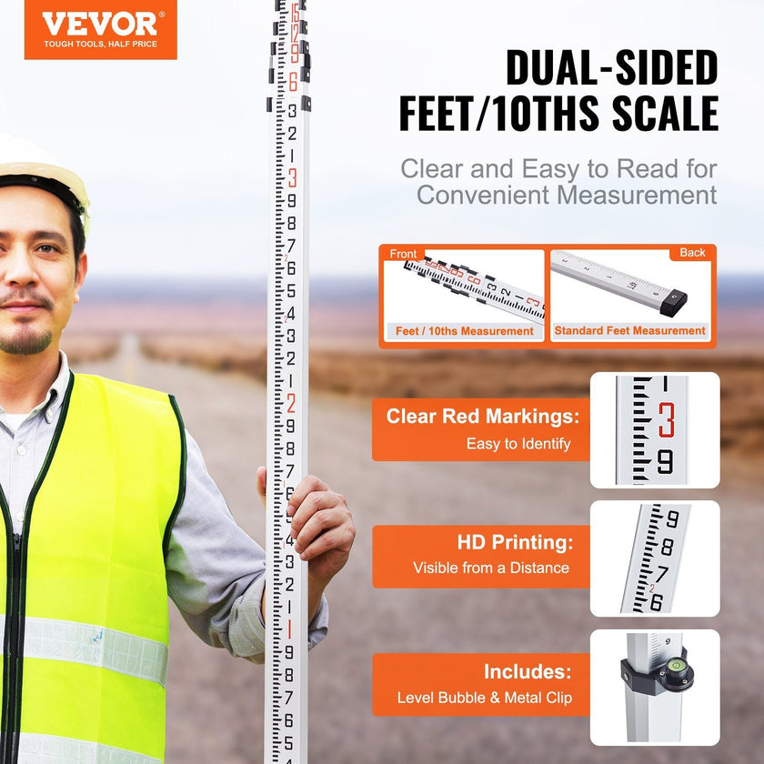VEVOR Measuring Rod 18-Feet/10ths 6 Sections Telescopic Grade Rod 1/10ft w/ Bag