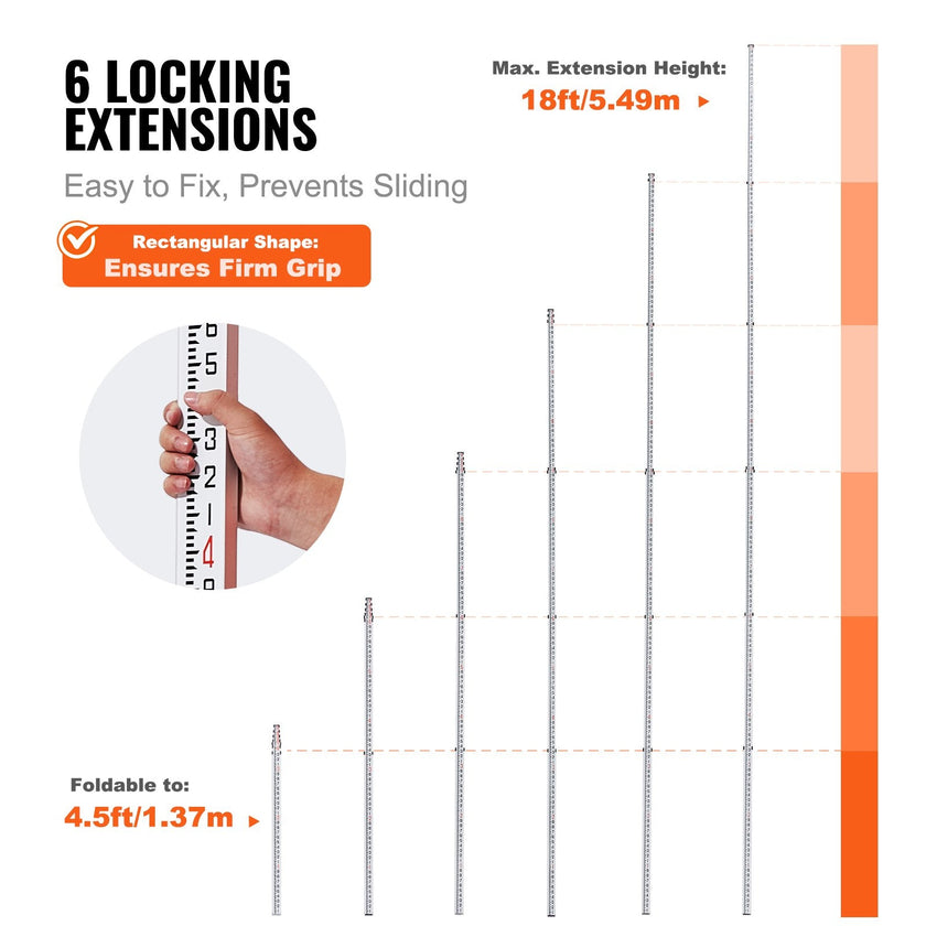VEVOR Measuring Rod 18-Feet/10ths 6 Sections Telescopic Grade Rod 1/10ft w/ Bag
