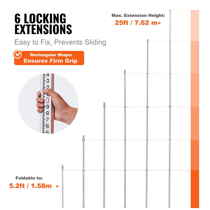 VEVOR Measuring Rod 25-Feet/10ths 6 Sections Telescopic Grade Rod 1/10ft w/ Bag