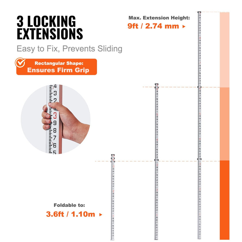 VEVOR Measuring Rod 9-Feet/10ths 3 Sections Telescopic Grade Rod 1/10ft w/ Bag