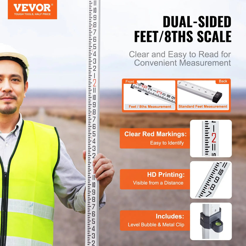 VEVOR Measuring Rod 9-Feet/8ths 3 Sections Telescopic Grade Rod 1/8in w/ Bag