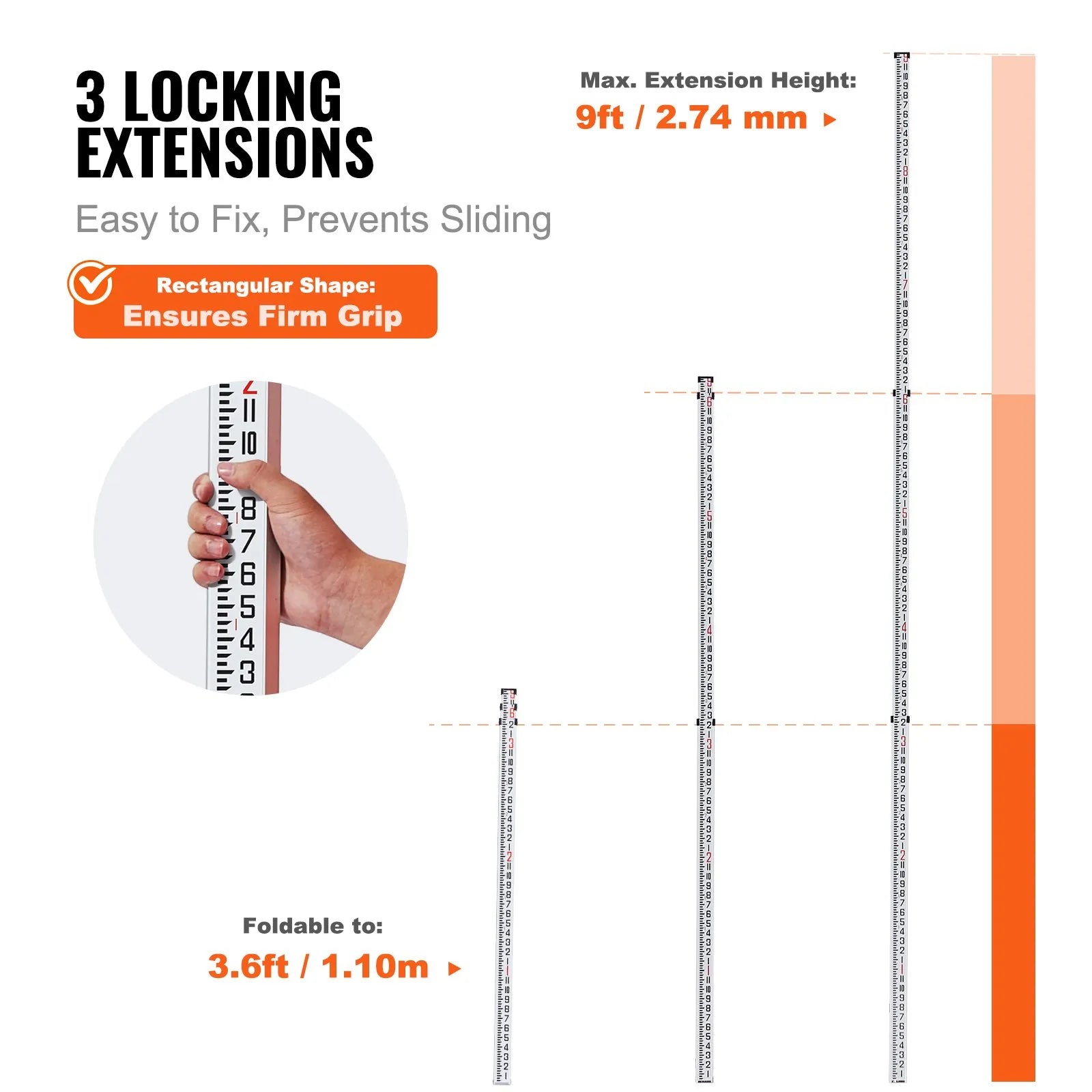 VEVOR Measuring Rod 9-Feet/8ths 3 Sections Telescopic Grade Rod 1/8in w/ Bag