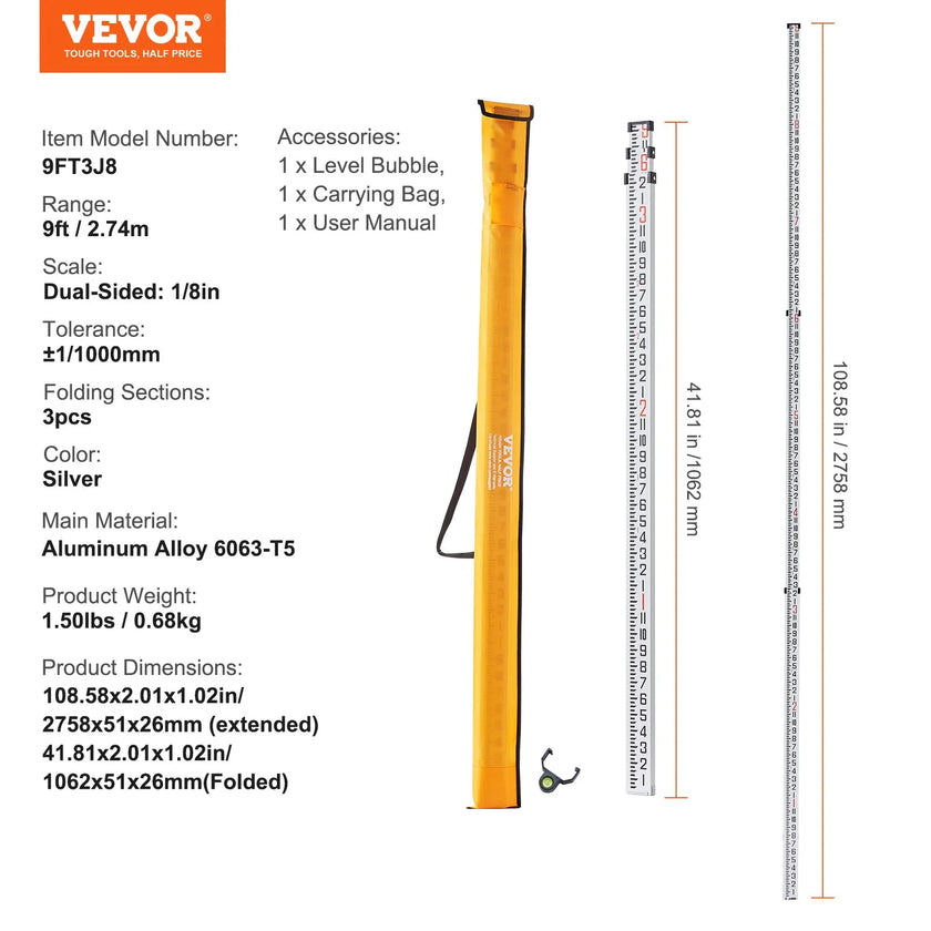 VEVOR Measuring Rod 9-Feet/8ths 3 Sections Telescopic Grade Rod 1/8in w/ Bag