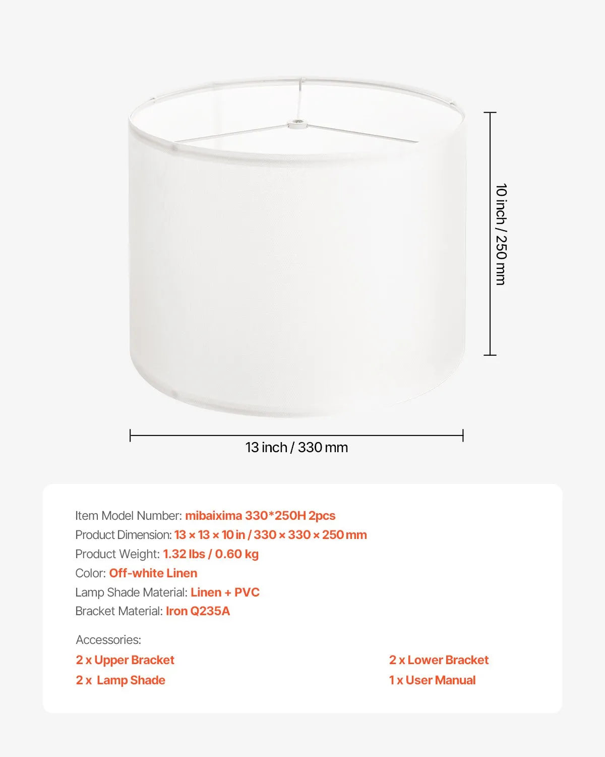 VEVOR Drum Lamp Shade 2 Set 13 x 13 x 10 in Medium Round Lampshade (Off-white)