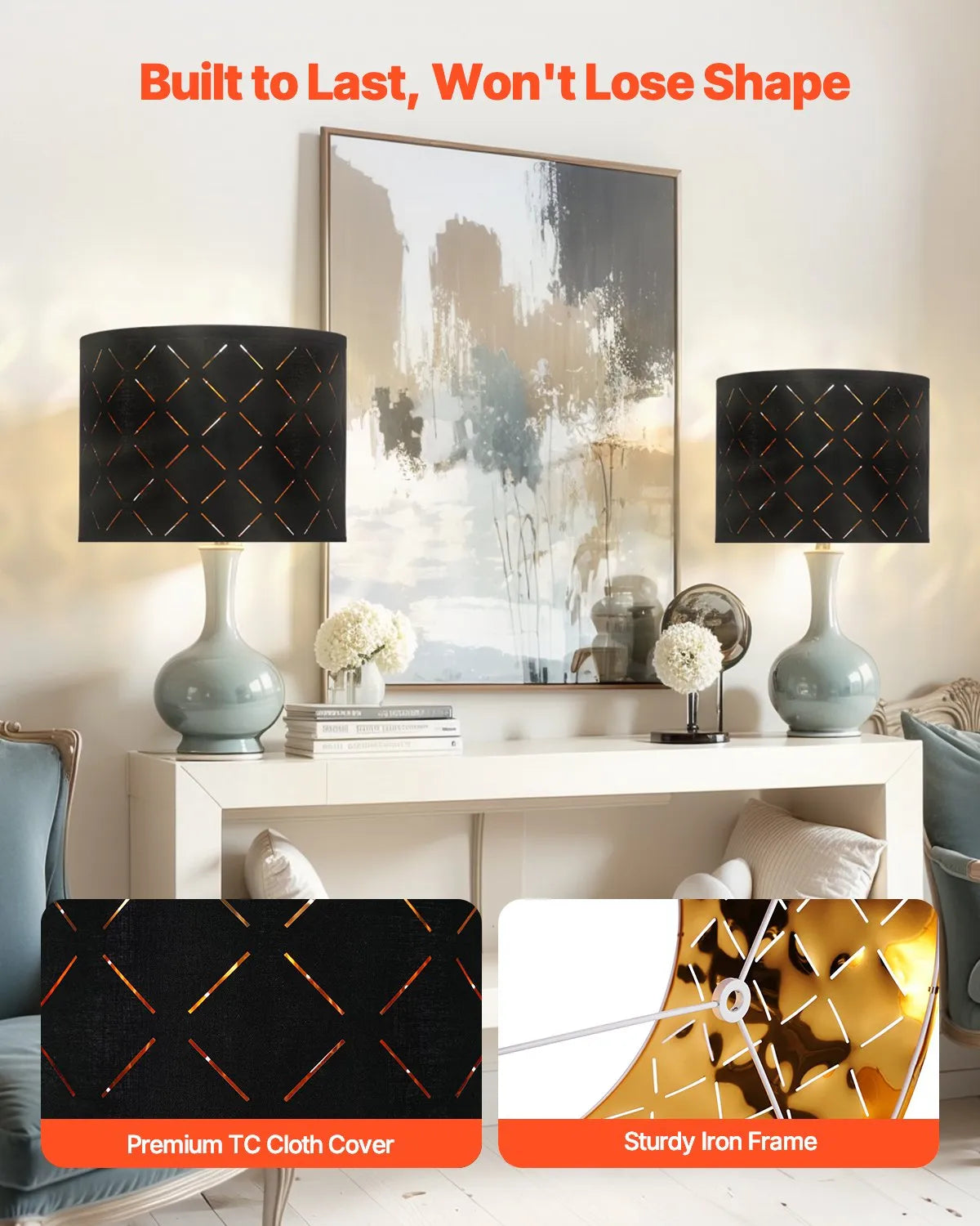 VEVOR Drum Lamp Shade 2 Set 13 x 13 x 10 in Round Lampshade with Harp (Black)