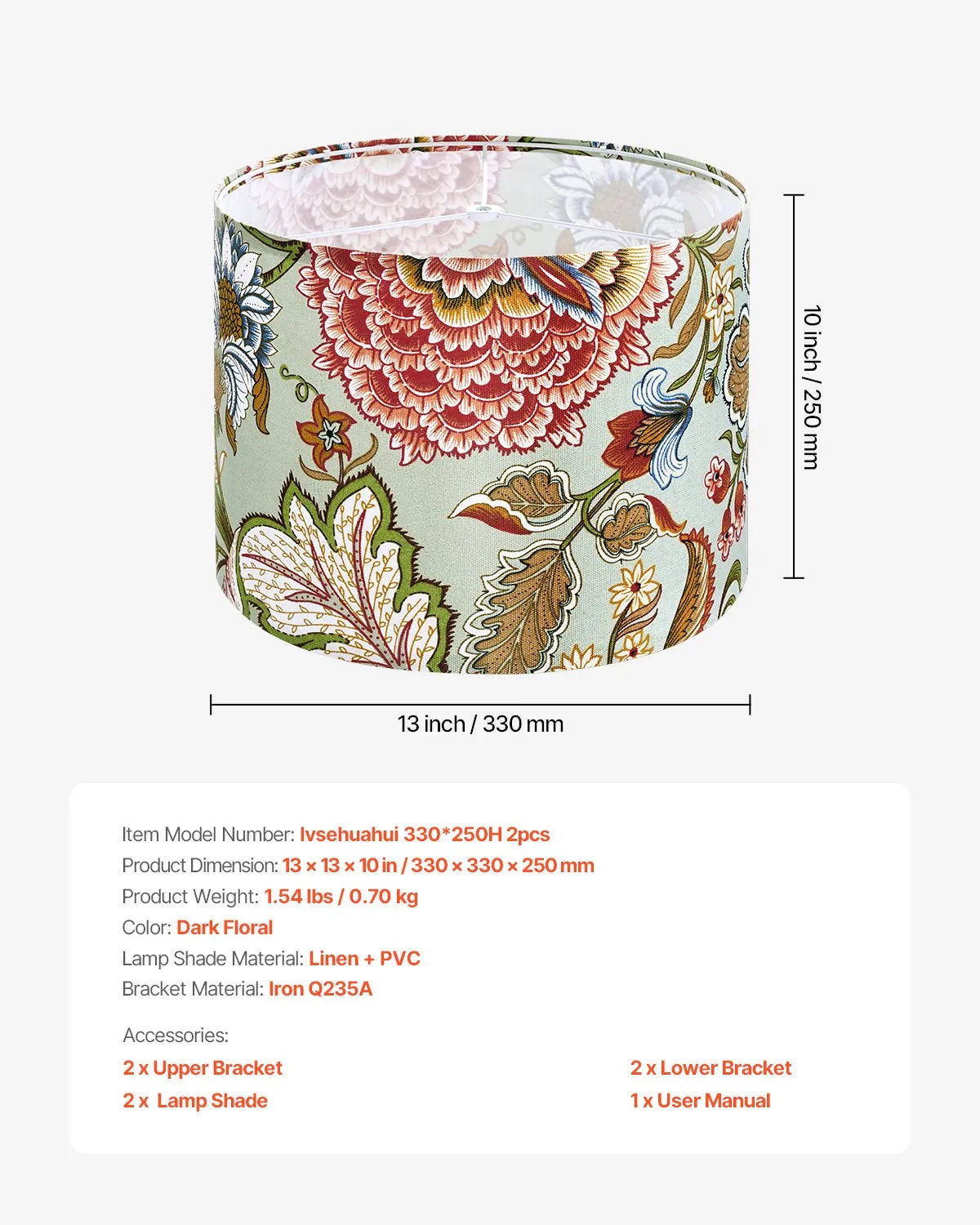 VEVOR Drum Lamp Shade 2 Set 13 x 13 x 10 in Medium Round Lampshade (Dark Floral)