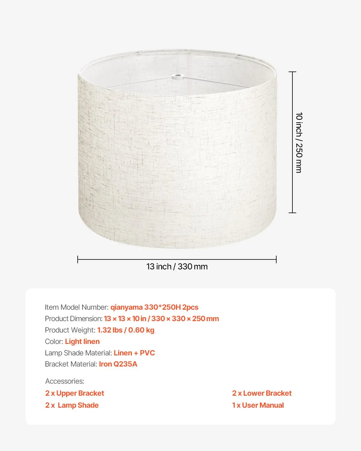 VEVOR Drum Lamp Shade 2 Set 13 x 13 x 10 in Medium Round Lampshade (Light Linen)