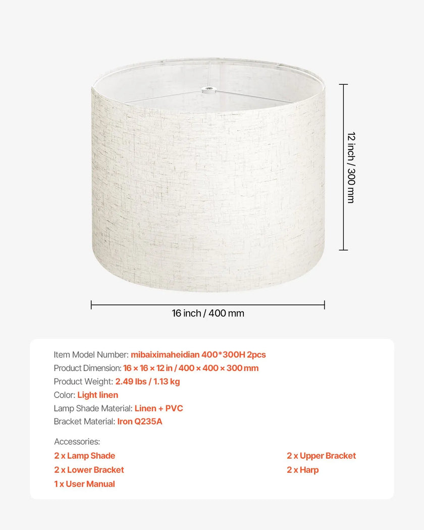 VEVOR Drum Lamp Shade 2 Set 16 x 16 x 12 in Lampshade with Harp (Light Linen)