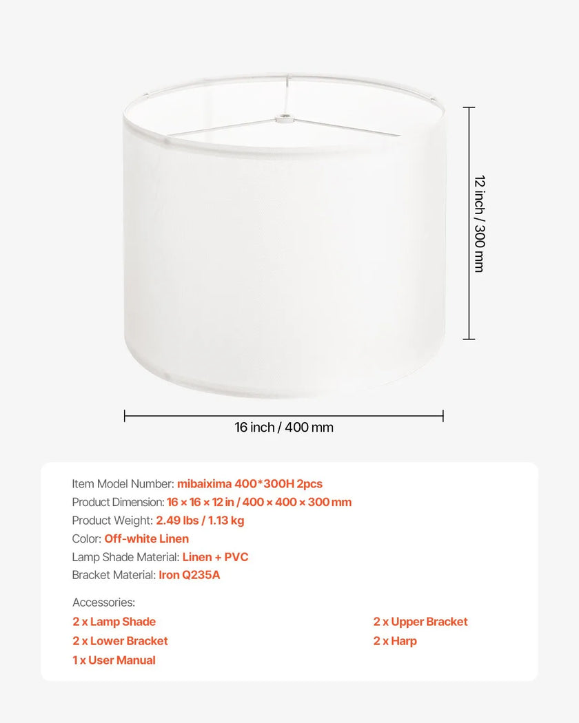 VEVOR Drum Lamp Shade 2 Set 16 x 16 x 12 in Lampshade with Harp (Off-white)