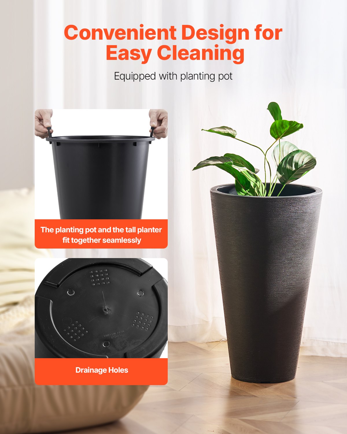 VEVOR Tall Planter Set of 2 Round Tapered Plant Pots 24 in for Outdoor Indoor