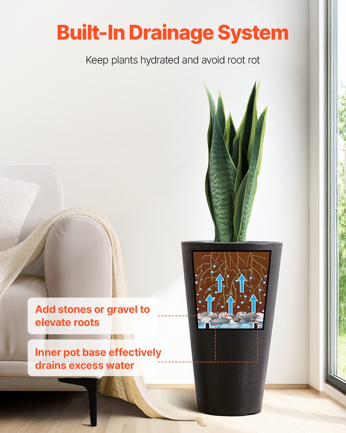 VEVOR Tall Planter Set of 2 Round Tapered Plant Pots 24 in for Outdoor Indoor