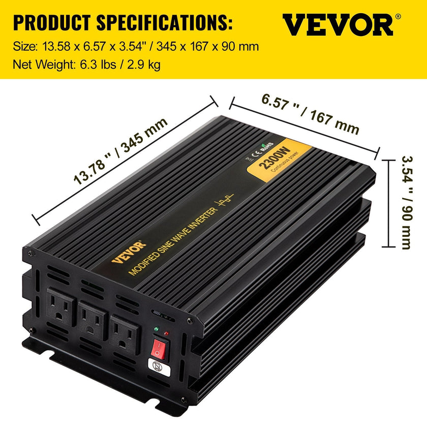 VEVOR Power Inverter, 2300W Modified Sine Wave Inverter, DC 24V to AC 120V Car Converter, with LCD Remote Controller, LED Indicator, AC Outlets Inverter for Truck RV Car Boat Travel Camping Emergency