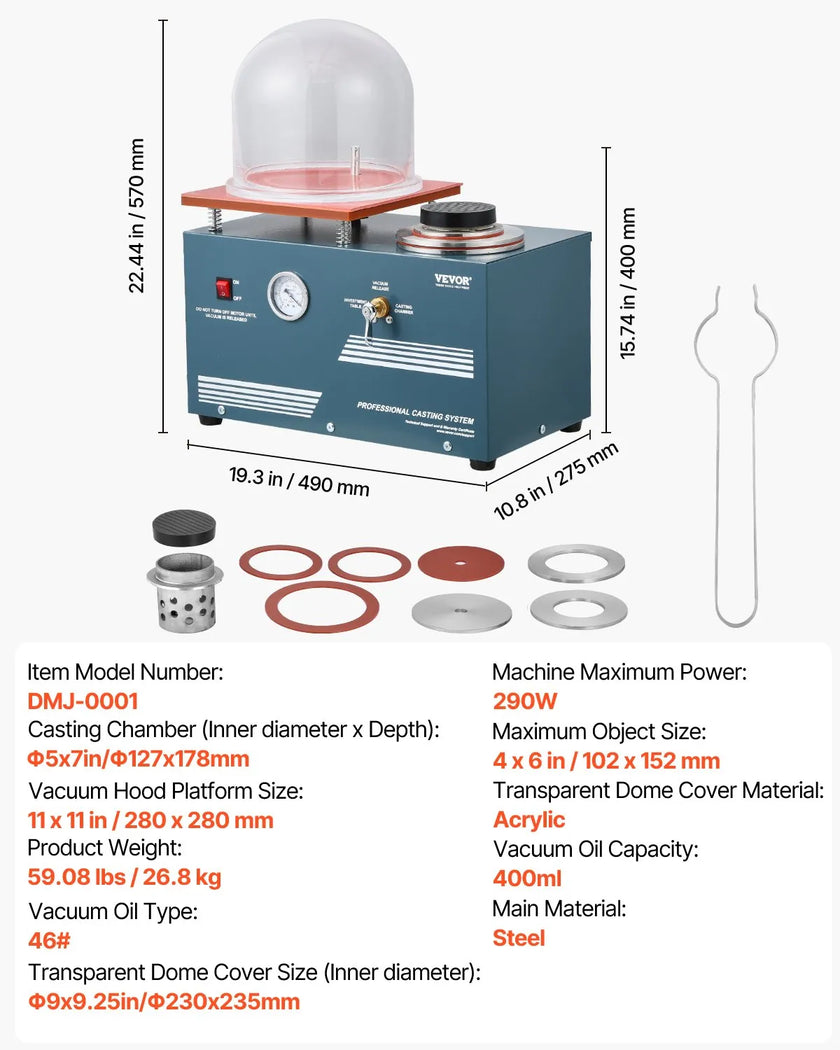 VEVOR Vacuum Investing Casting Machine 290W Power 3CFM Pump Bell Jar for Jewelry