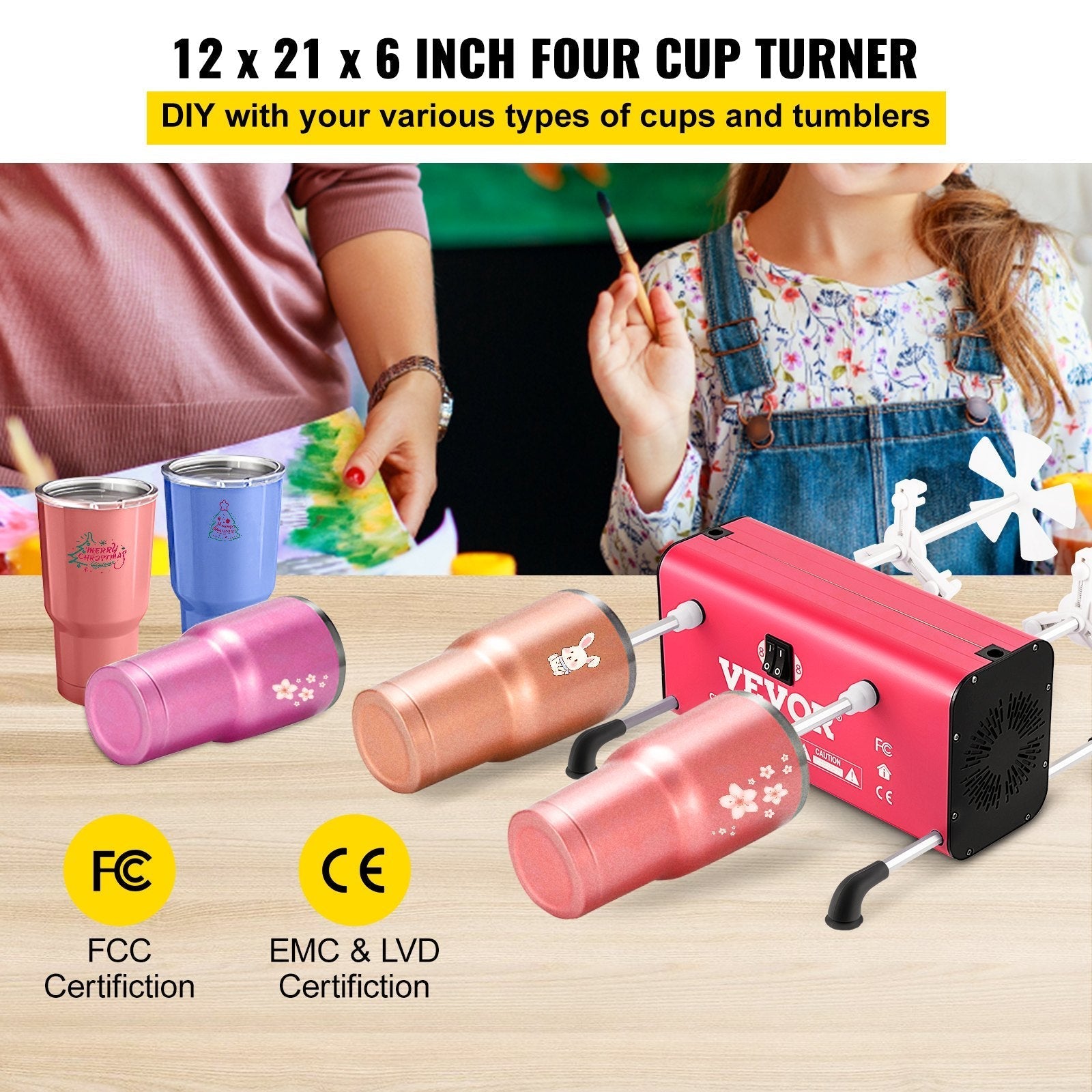 VEVOR 4 Cup Turner, 2 Speeds Multiple Tumbler Spinner Rotator Machine Kit with 4 Removable and Adjustable Arms, Mute Motor, Aluminum Alloy Frame, 4 Independent Switches for DIY Glitter Crafts Red