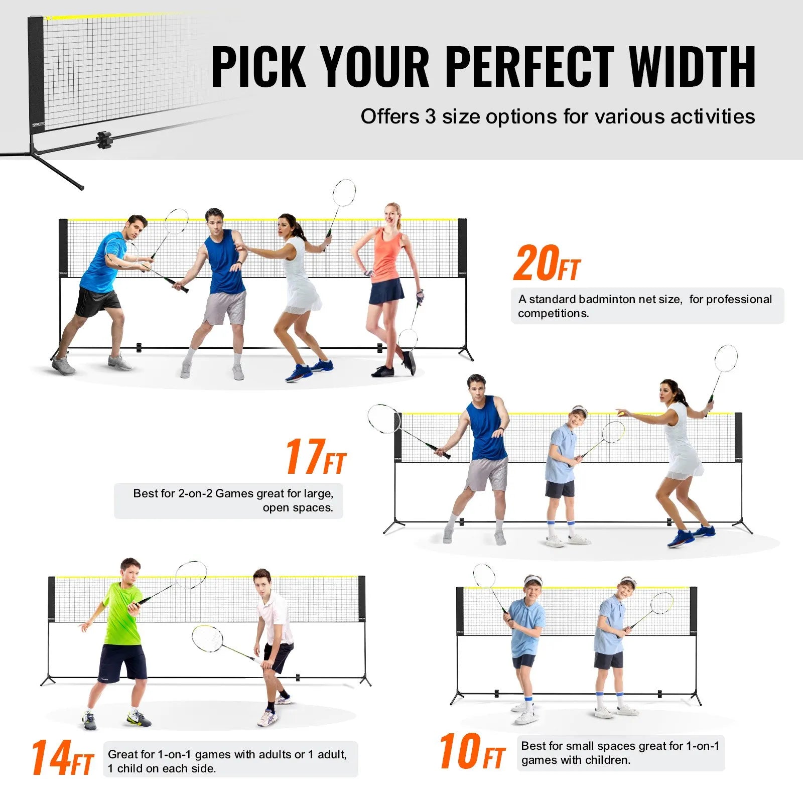 VEVOR Badminton Net, Height Adjustable Volleyball Net, 20ft Wide Foldable Pickleball Net, Portable Tennis Net Set with Poles, Stand, Bag, Rackets, Nylon Shuttlecocks, Kid Backyard Indoor Outdoor Use