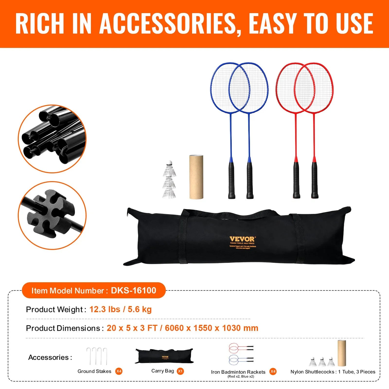 VEVOR Badminton Net, Height Adjustable Volleyball Net, 20ft Wide Foldable Pickleball Net, Portable Tennis Net Set with Poles, Stand, Bag, Rackets, Nylon Shuttlecocks, Kid Backyard Indoor Outdoor Use