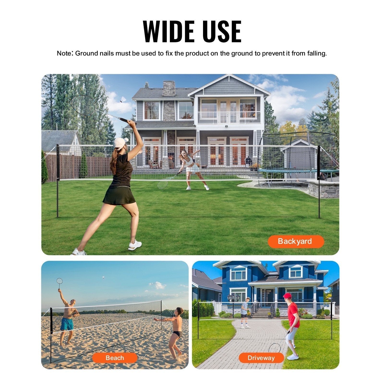 VEVOR Badminton Net Set, Outdoor Backyard Beach Park Badminton Net, Portable Badminton Equipment Set, Adults Kids Badminton Net with Poles, Carrying Bag, 4 Iron Rackets, and 3 Nylon Shuttlecocks