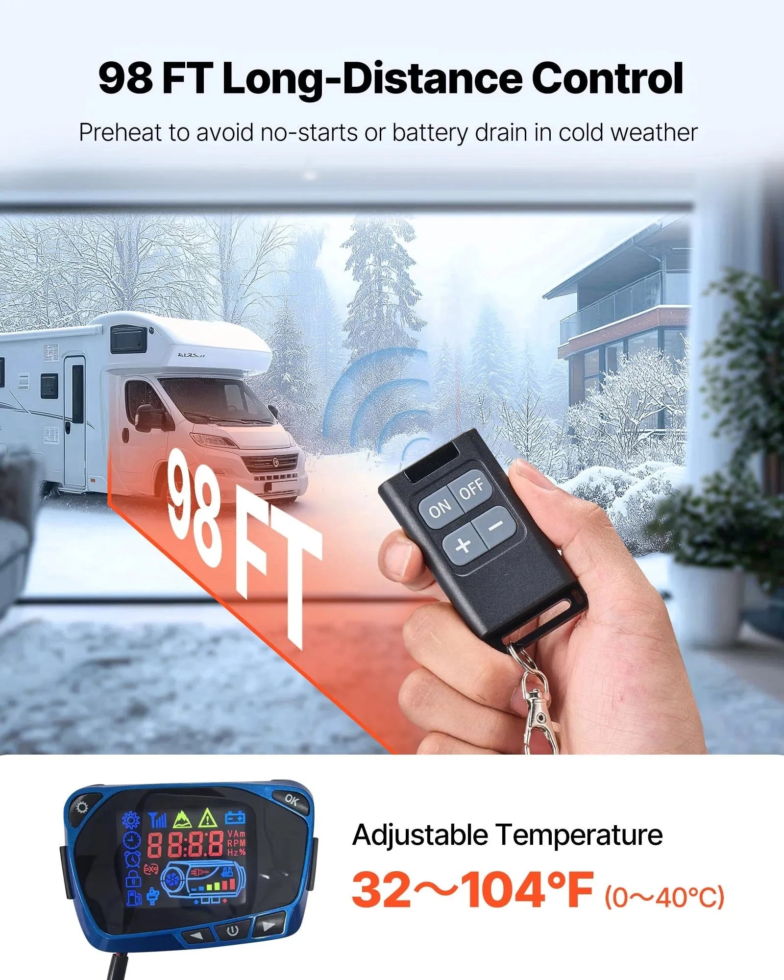 VEVOR 8 kW Diesel Air Heater – DC12-24V Fast Heating with Remote Control and Blue LCD, Low Noise, Pre-Heating Function for RV, Truck, Camper, Van, Boat, and Trailer