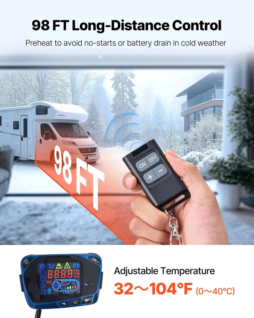 VEVOR 8 kW Diesel Air Heater – DC12-24V Fast Heating with Remote Control and Blue LCD, Low Noise, Pre-Heating Function for RV, Truck, Camper, Van, Boat, and Trailer