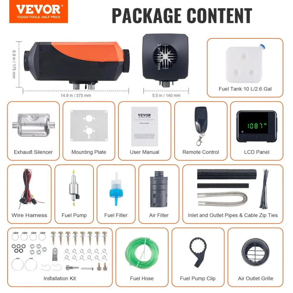 VEVOR 12V 8KW Diesel Heater, Portable Diesel Air Heater with LCD & Remote Control, 10L Fuel Tank, Rapid Heating for RV, Camper, Trailer, Van, and Boat