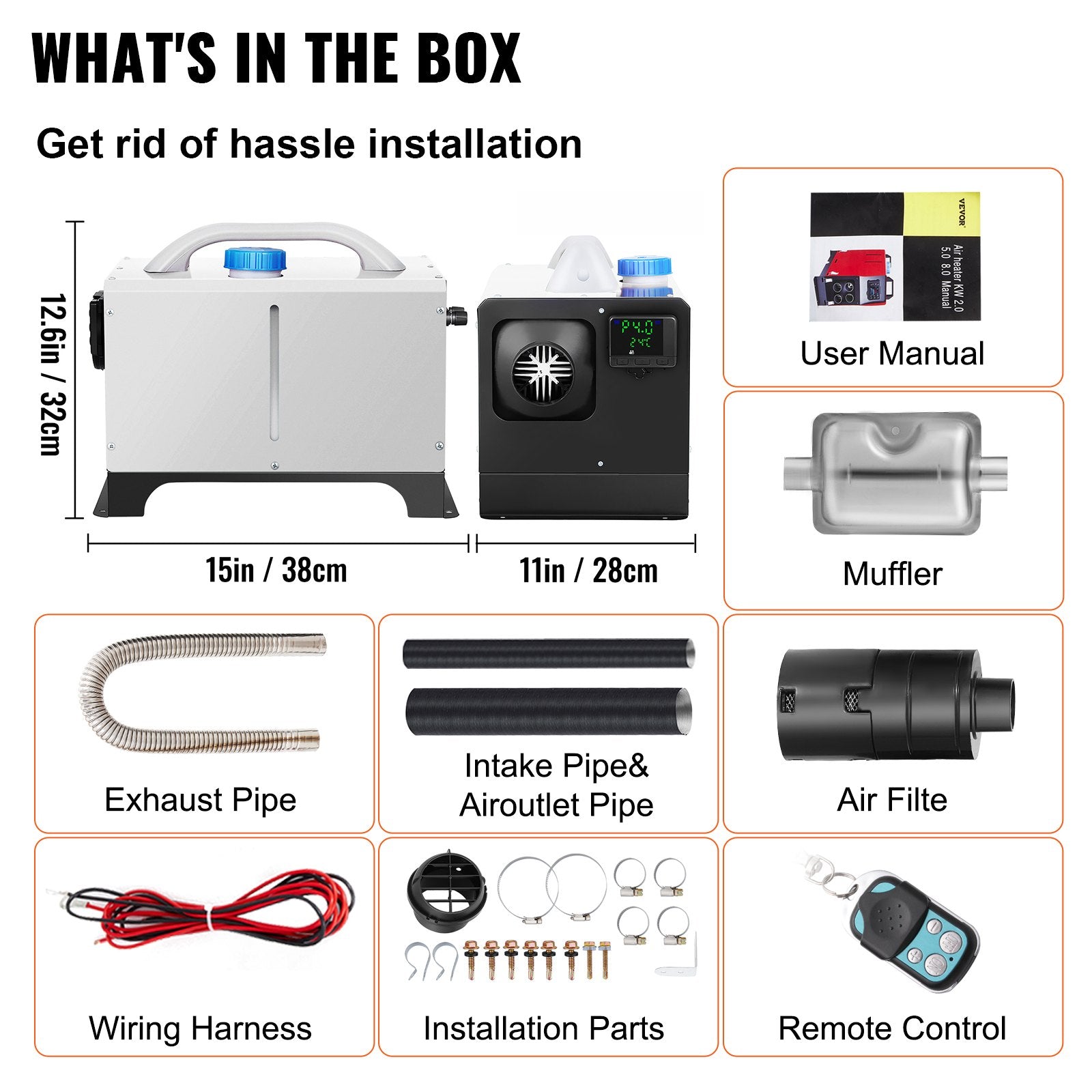 VEVOR Diesel Air Heater 8KW Parking Heater 12V Truck Heater, One Air Outlet, with Black LCD Switch, Remote Control, Fast Heating Compact Diesel Heater, For Car, RV Truck, Boat, Campervans, Caravans