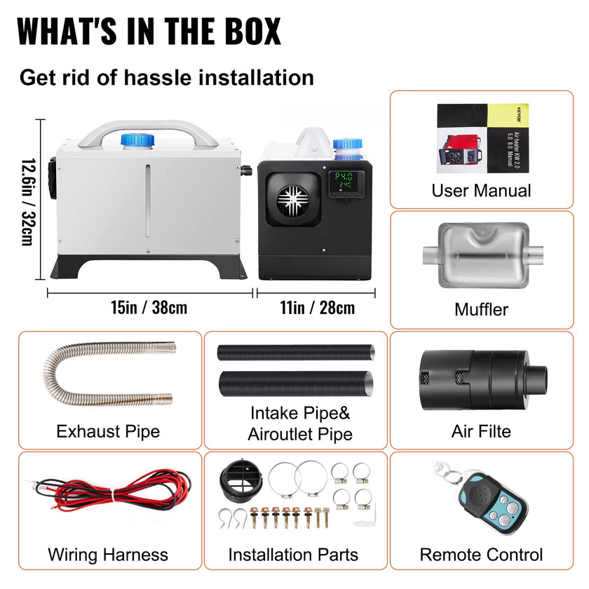 VEVOR Diesel Air Heater 8KW Parking Heater 12V Truck Heater, One Air Outlet, with Black LCD Switch, Remote Control, Fast Heating Compact Diesel Heater, For Car, RV Truck, Boat, Campervans, Caravans