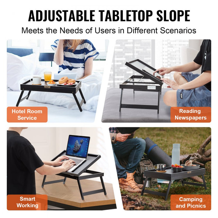 VEVOR Bed Tray Table with Foldable Legs, Bamboo Breakfast Tray for Sofa, Bed, Eating, Snacking, and Working, Adjustable Tabletop Slope Serving Laptop Desk Tray, Portable Food Snack Platter, 20