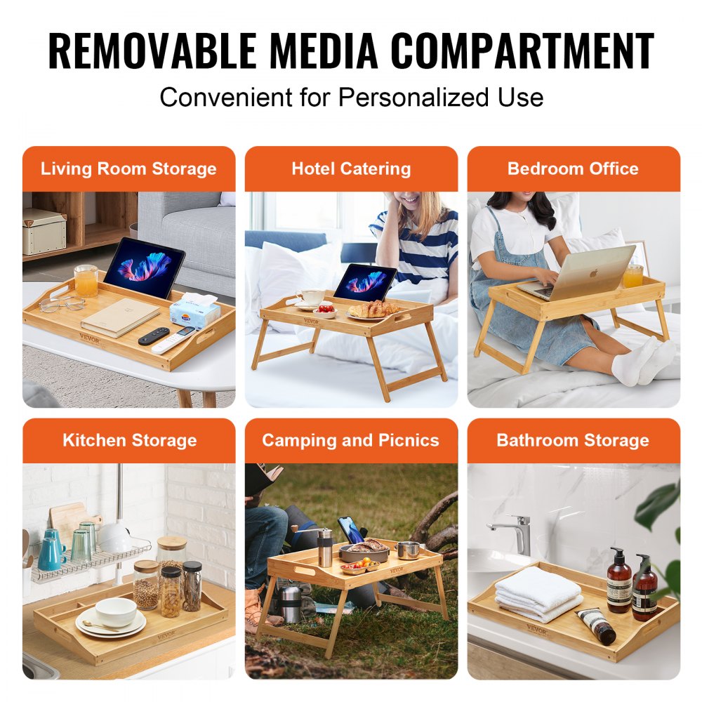 VEVOR Bed Tray Table with Foldable Legs & Media Slot, Bamboo Breakfast Tray for Sofa, Bed, Eating, Snacking, and Working, Serving Laptop Desk Tray TV Tray, Portable Food Snack Platter, 21.6