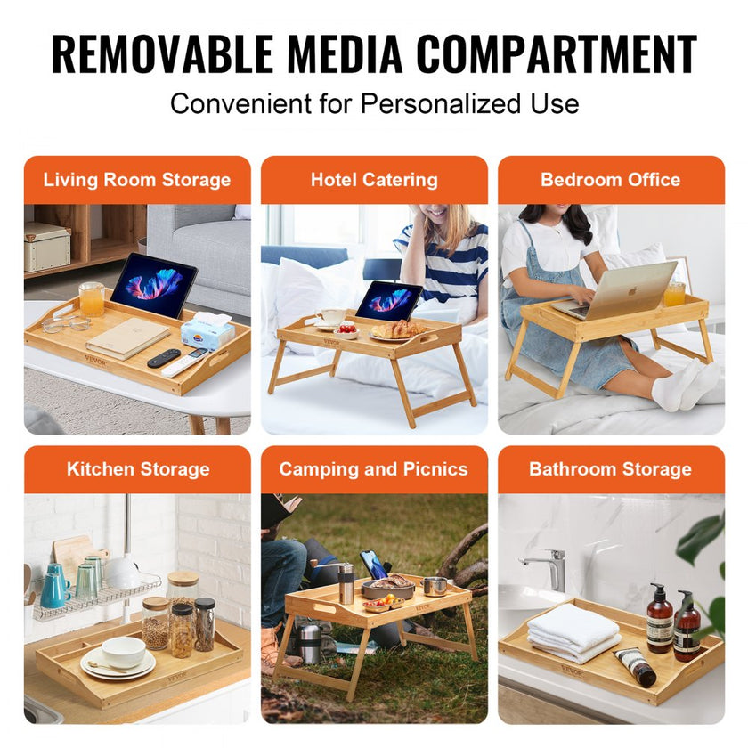 VEVOR Bed Tray Table with Foldable Legs & Media Slot, Bamboo Breakfast Tray for Sofa, Bed, Eating, Snacking, and Working, Serving Laptop Desk Tray TV Tray, Portable Food Snack Platter, 21.6